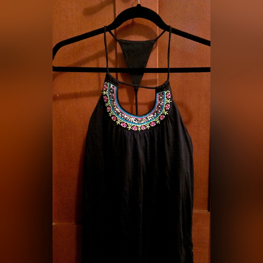 Black Halter Top with Embroidered Neckline